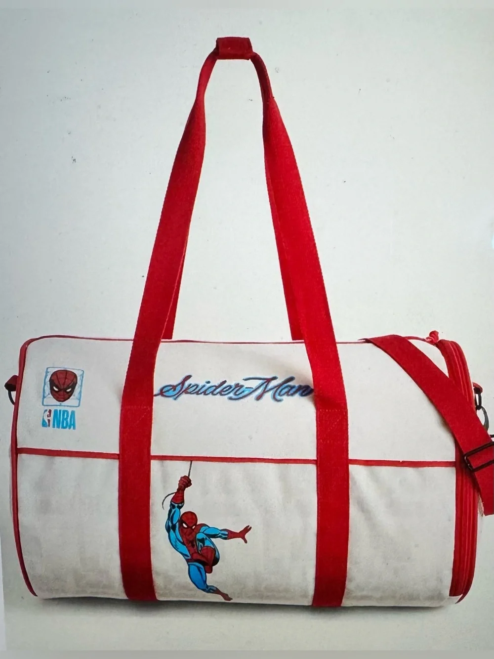 NBA Unisex White and Red Canvas Duffel with Retro Basketball Motif